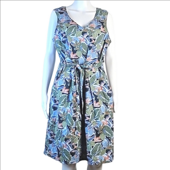 L.L. Bean Dresses & Skirts - NWT LL Bean Signature 100% Cotton Poplin Blue Tropical Print V Neck Dress